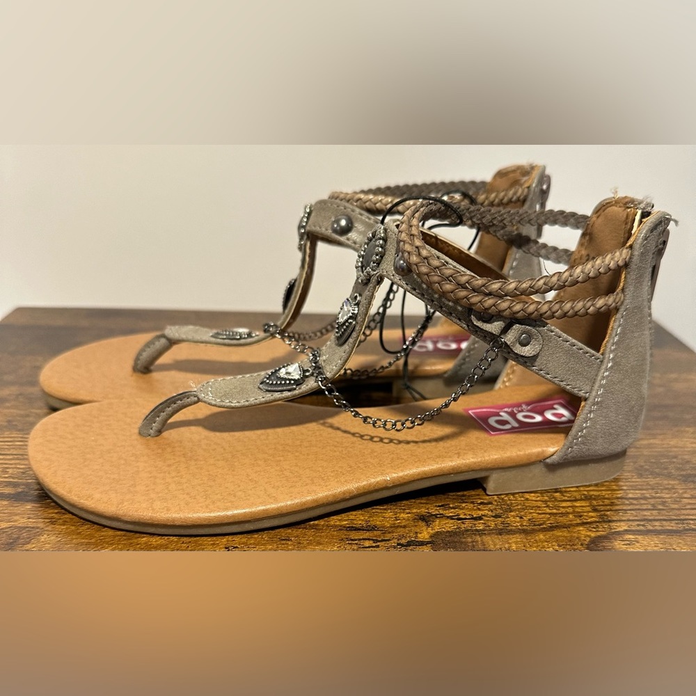 POP Girls Grey Ambrosia Ankle Strap Flat Sandals NWT Various Sizes